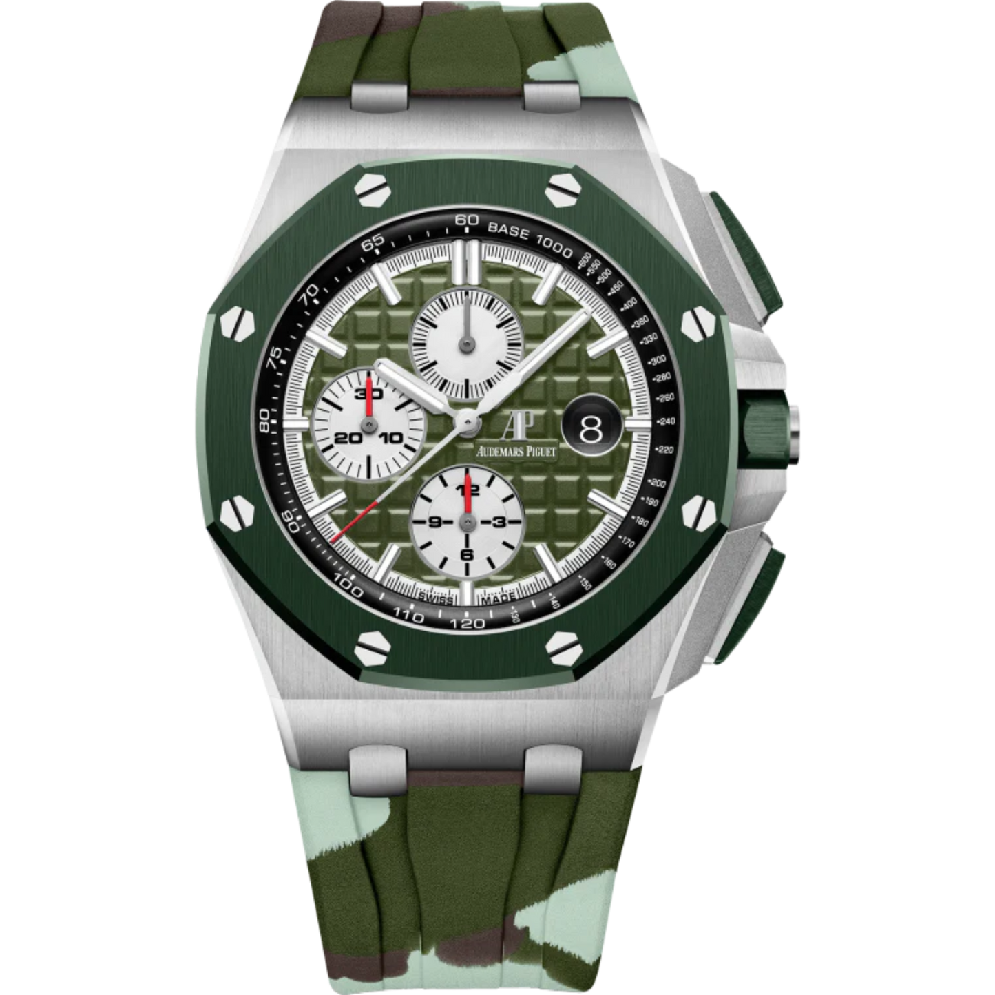 Royal Oak Offshore Selfwinding Chronograph 44MM Khaki Green Camouflage Rubber Strap Khaki Green Dial With Méga Tapisserie Pattern Stainless Steel Case Khaki Ceramic Bezel