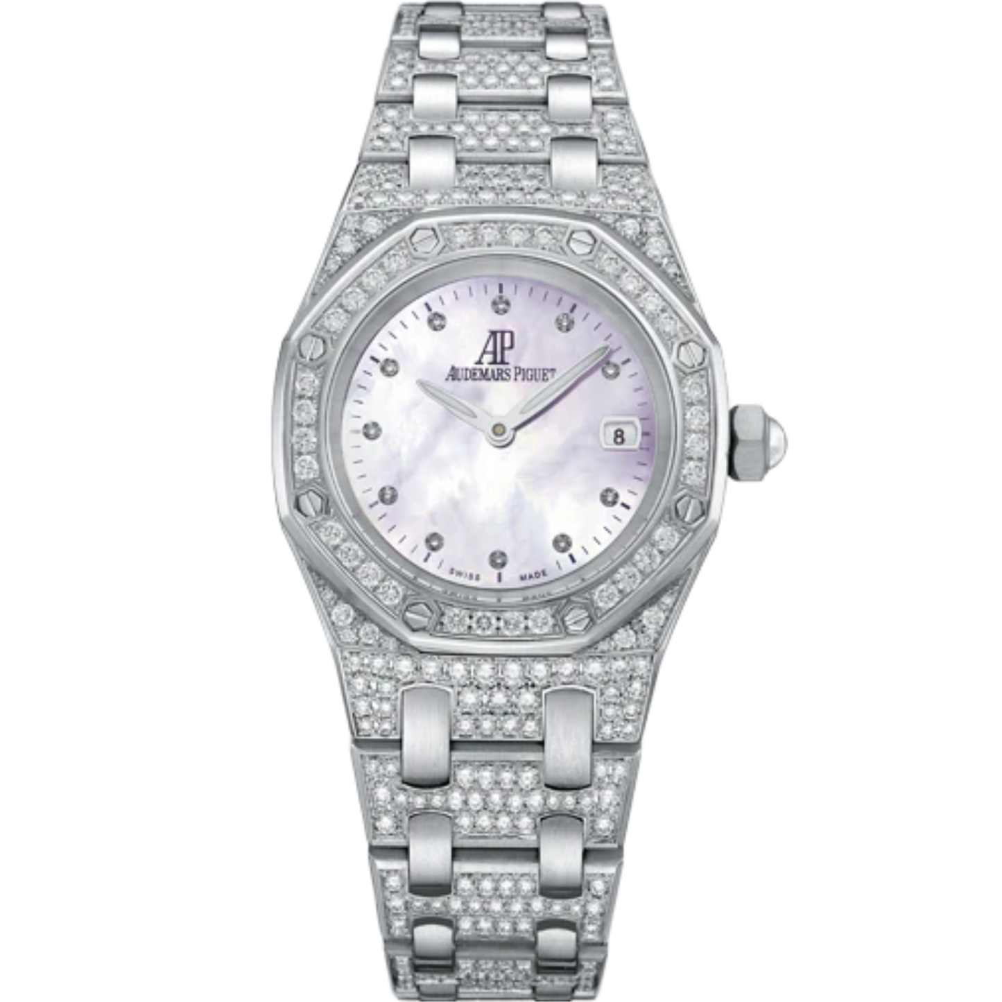 Royal Oak Quartz 33MM 18-Carat White Gold Bracelet Set With Brilliant-Cut Diamonds White Mother-Of-Pearl Dial 18-Carat White Gold Case Bezel Set With Brilliant-Cut Diamonds
