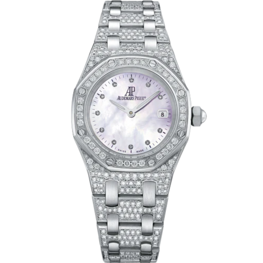 Royal Oak Quartz 33MM 18-Carat White Gold Bracelet Set With Brilliant-Cut Diamonds White Mother-Of-Pearl Dial 18-Carat White Gold Case Bezel Set With Brilliant-Cut Diamonds