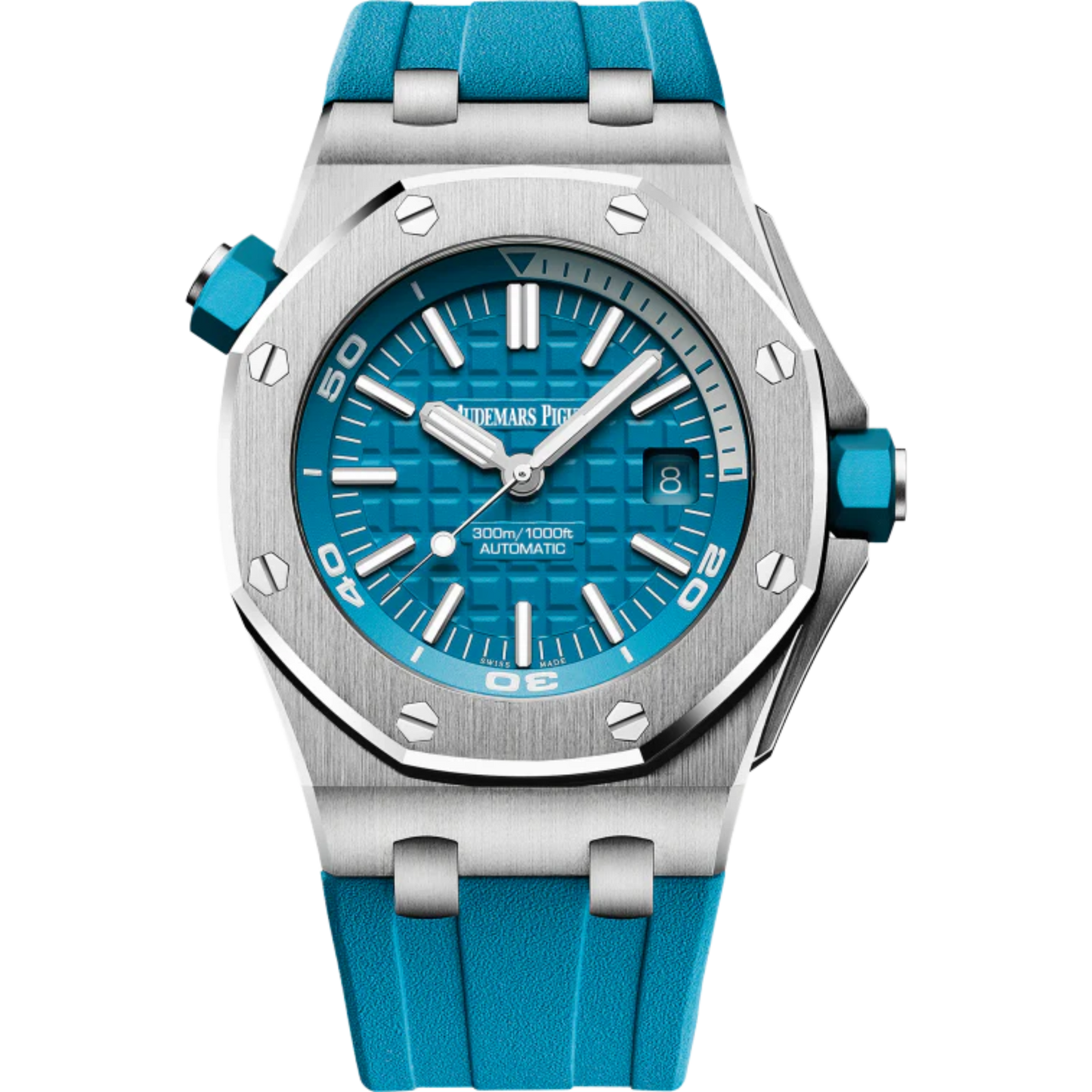Royal Oak Offshore Diver 42MM Turquoise Blue Rubber Strap Turquoise Blue Dial With Méga Tapisserie Pattern Stainless Steel Case