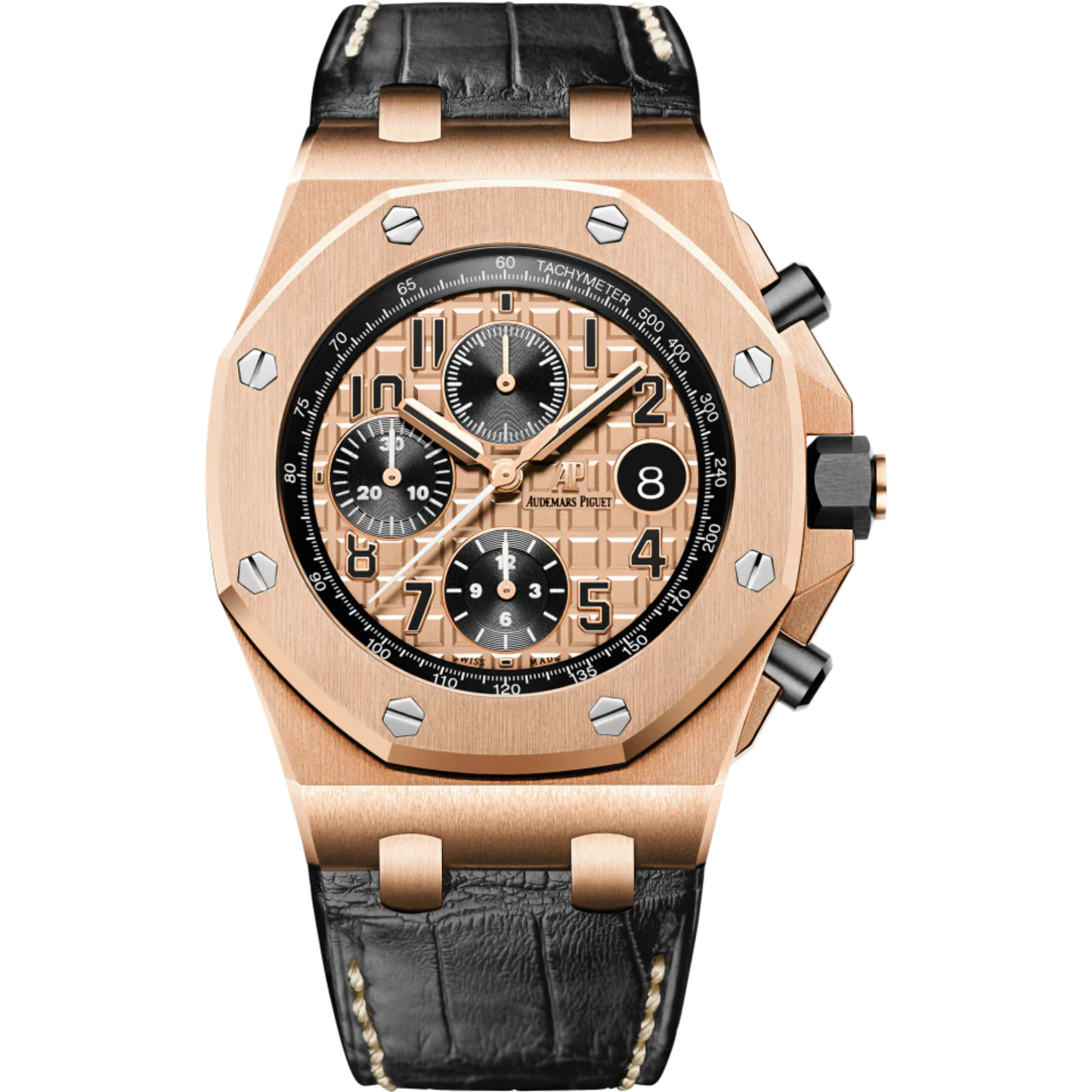 Royal Oak Offshore Chronograph 42MM Black Alligator Strap Pink Gold-Toned Dial With Méga Tapisserie Pattern 18-Carat Pink Gold Case