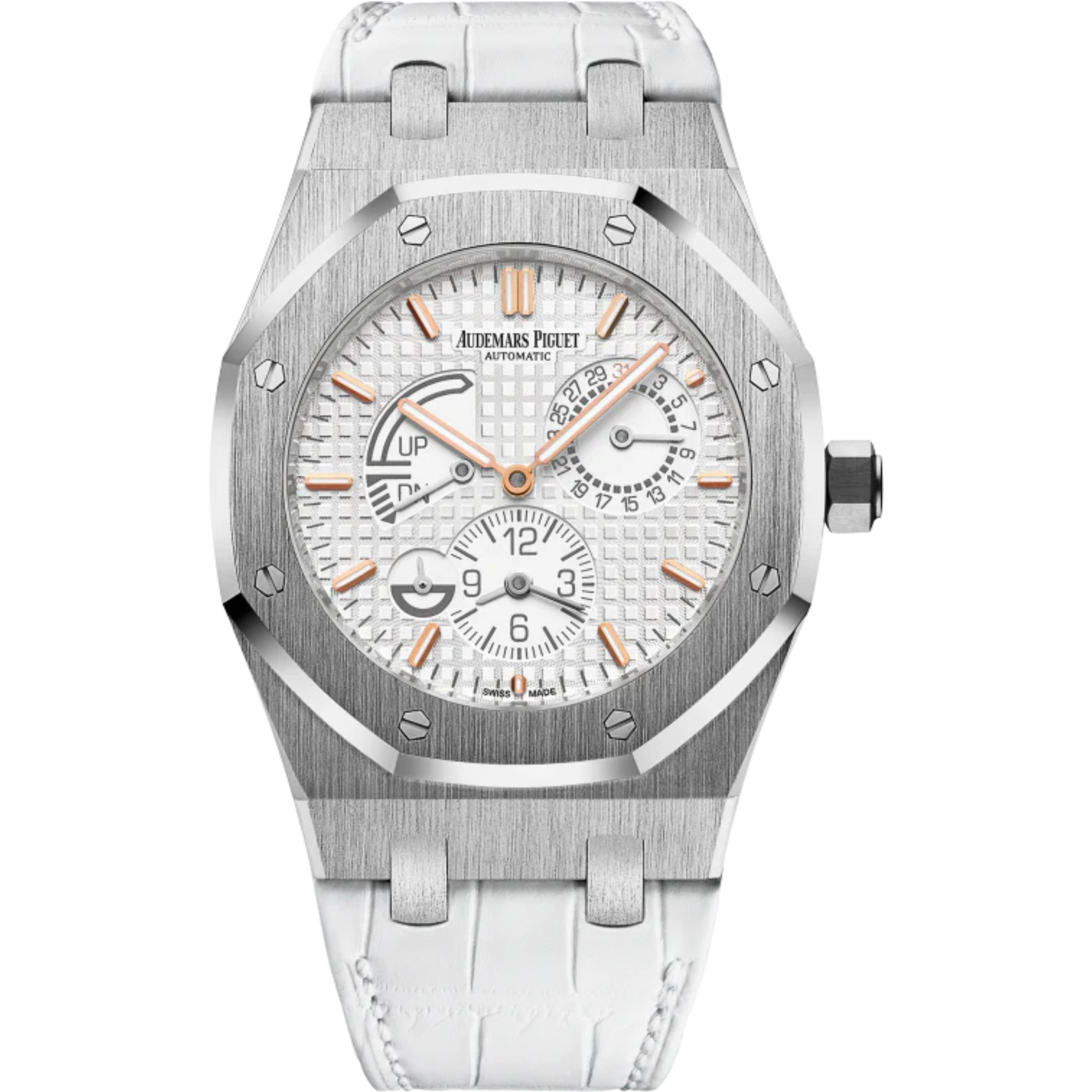 Royal Oak Dual Time 39MM White Alligator Strap Silver-Toned Dial With Grande Tapisserie Pattern Stainless Steel Case