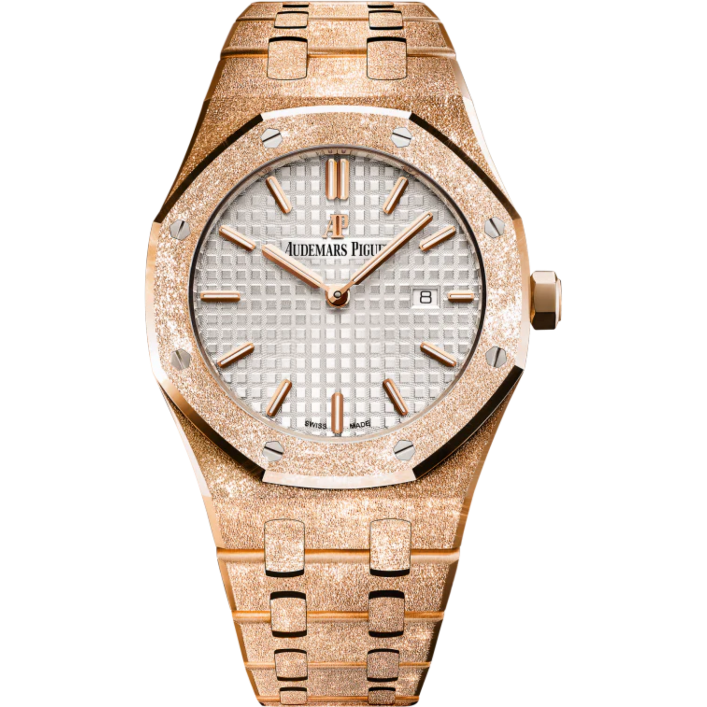 Royal Oak Frosted Gold Quartz 33MM Hammered 18-Carat Pink Gold Bracelet Silver-Toned Dial With Grande Tapisserie Pattern Hammered 18-Carat Pink Gold Case