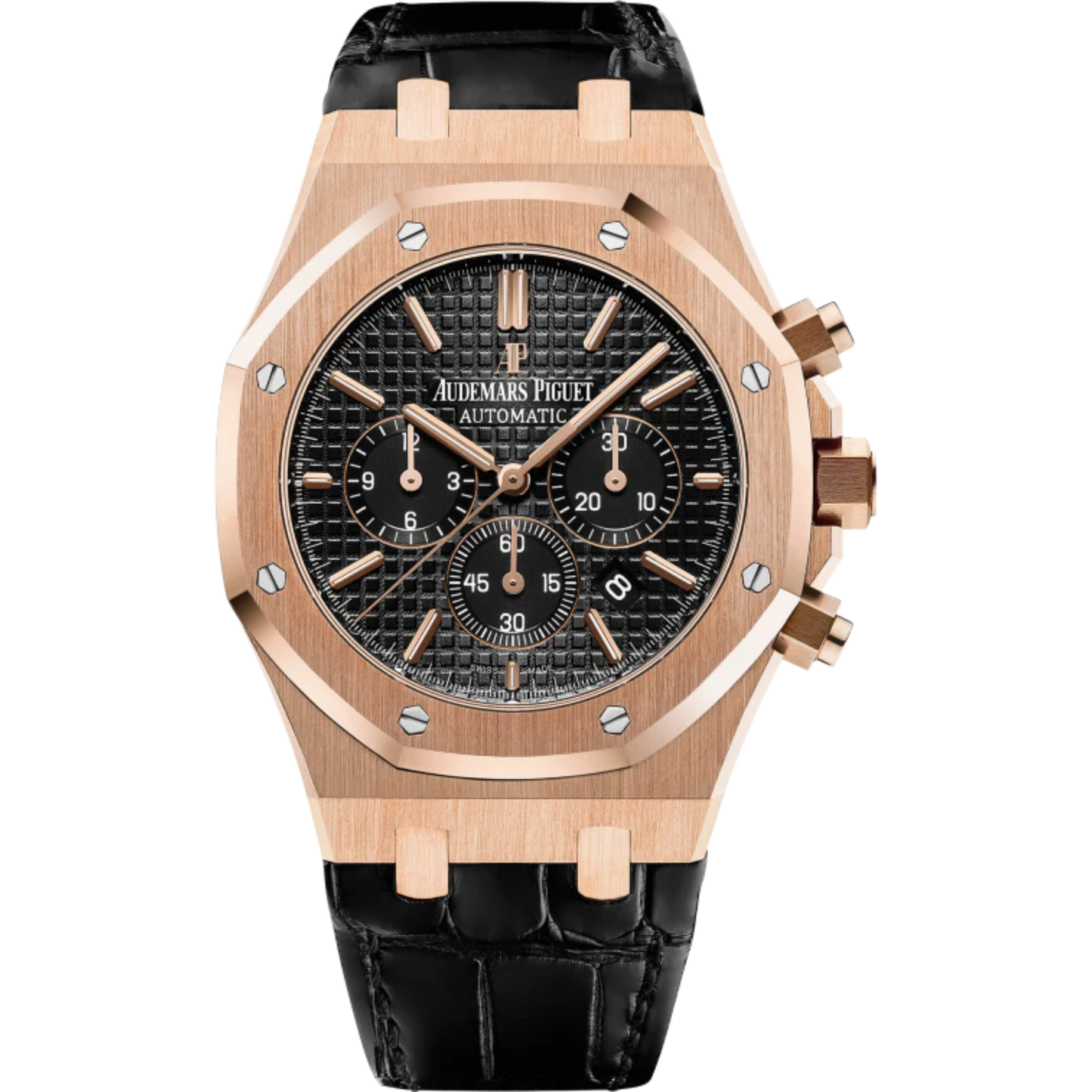 Royal Oak Chronograph 41MM Black Alligator Strap Black Dial With Grande Tapisserie Pattern 18-Carat Pink Gold Case