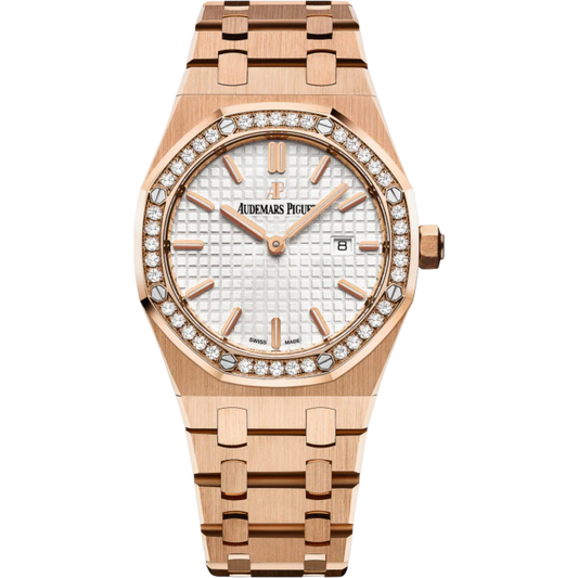 Royal Oak Quartz 33MM 18-Carat Pink Gold Bracelet Silver-Toned Dial With Grande Tapisserie Pattern 18-Carat Pink Gold Case Diamond-Set Bezel