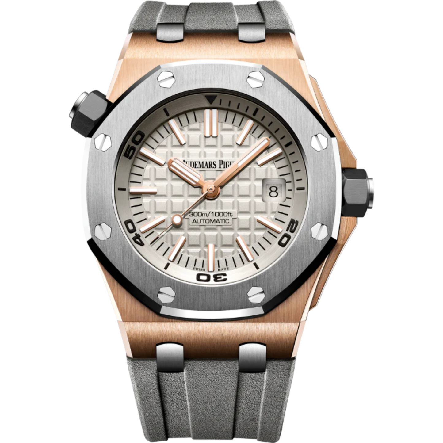 Royal Oak Offshore Diver 42MM Grey Rubber Strap Grey Dial With Méga Tapisserie Pattern 18-Carat Pink Gold Case Titanium Bezel