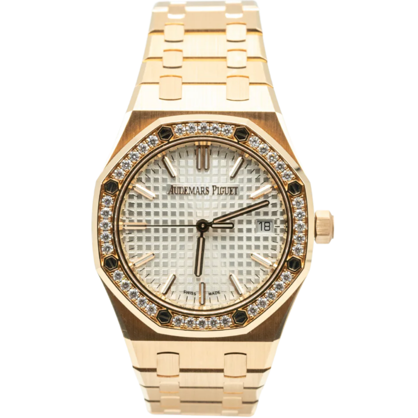 Royal Oak Selfwinding 50th Anniversary 34MM 18-Carat Pink Gold Bracelet Silver-Toned Dial With Grande Tapisserie Pattern 18-Carat Pink Gold Case Bezel Set With Brilliant-Cut Diamonds