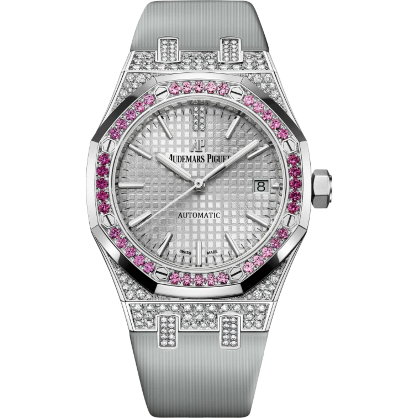 Royal Oak Selfwinding 37MM Light Grey Satin-Finished Calfskin Strap Rhodium-Toned Dial With Grande Tapisserie Pattern 18-Carat White Gold Case Bezel Set With Pink Brilliant-Cut Graded Sapphires and Rubies