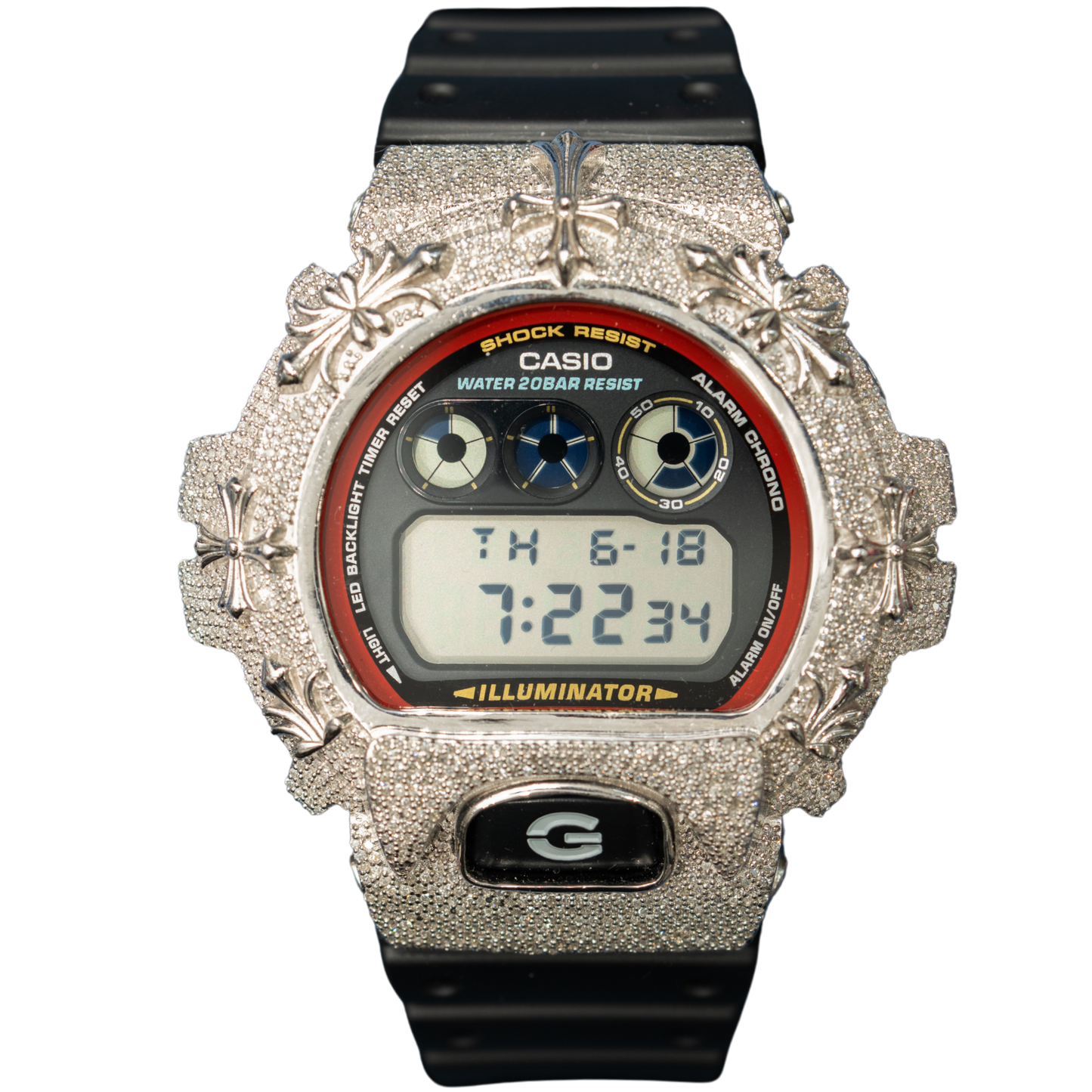Casio Iced out G Shock Digital White gold with Black/Red dial (Crosses on Bezel CH Style)