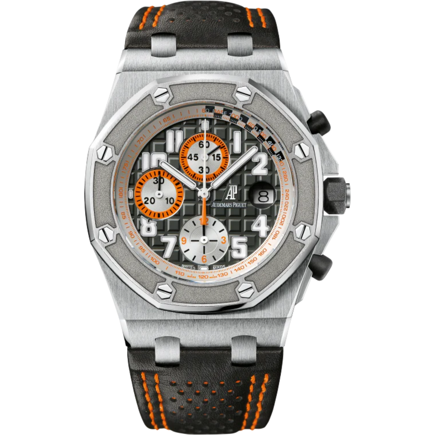 Royal Oak Offshore Chronograph 42MM Hand-Stitched Perforated Black Leather Anthracite Dial With Méga Tapisserie Pattern Stainless Steel Case