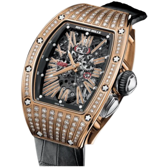 RM 037 Rose Gold and Diamonds Leather Strap Skeletonized Dial Rose Gold Case and a Ceramic Diamond Set Bezel