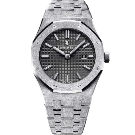 Royal Oak Frosted Gold Quartz Hammered 18-Carat White Gold Bracelet Black Dial With Grande Tapisserie Pattern Hammered 18-Carat White Gold Case