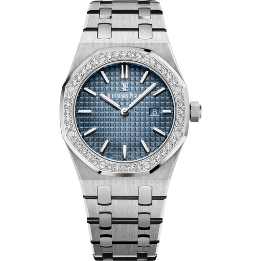 Royal Oak Quartz 33MM Titanium Bracelet Smoked Blue Dial With Grande Tapisserie Pattern Titanium Case Diamond-Set Polished 950 Platinum Bezel