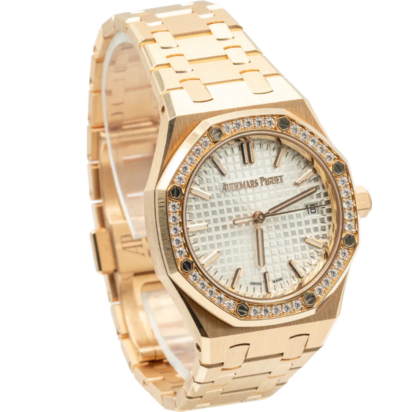 Royal Oak Selfwinding 50th Anniversary 34MM 18-Carat Pink Gold Bracelet Silver-Toned Dial With Grande Tapisserie Pattern 18-Carat Pink Gold Case Bezel Set With Brilliant-Cut Diamonds