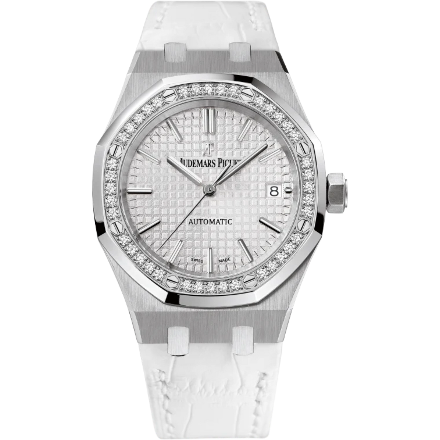 Royal Oak Selfwinding 37MM White Alligator Strap Silver-Toned Dial With Grande Tapisserie Pattern Stainless Steel Diamond-Set Bezel