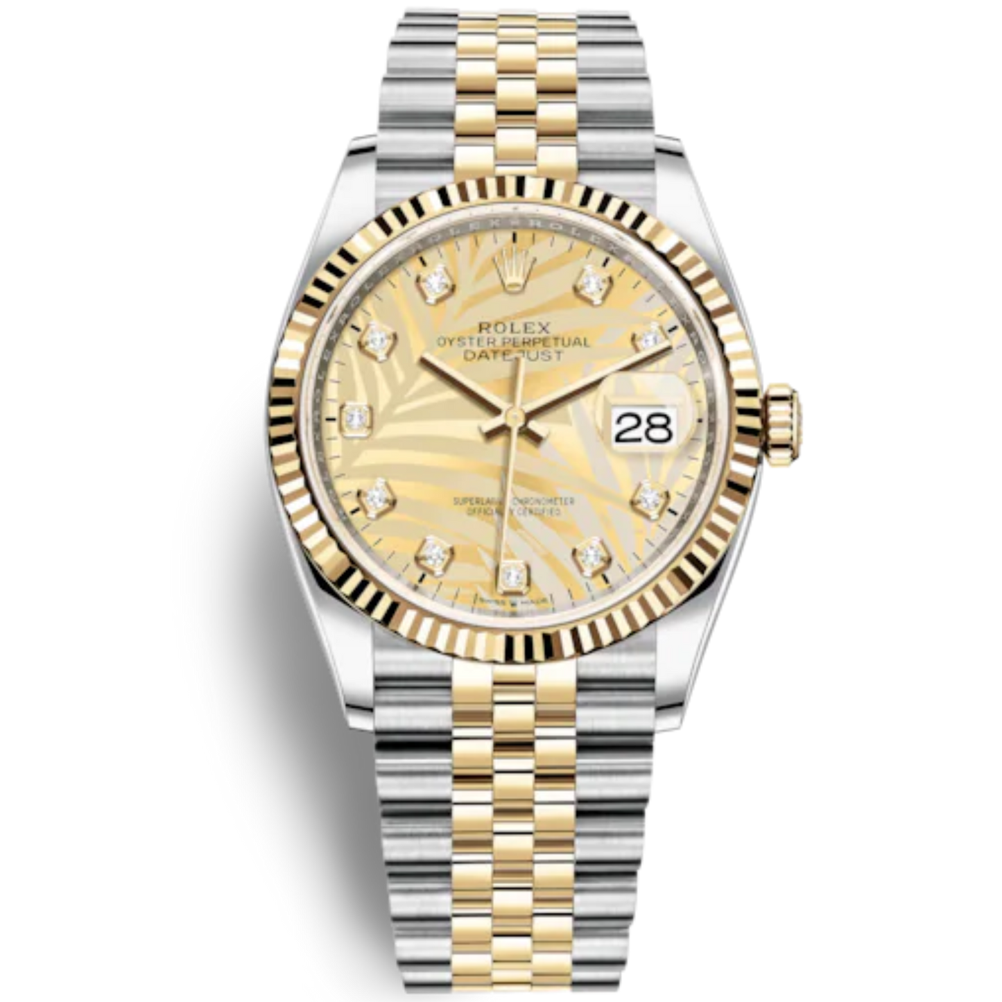 Datejust 36 36mm Oystersteel and Yellow Gold Jubilee Bracelet Golden Palm-Motif Diamond-set Dial Fluted Bezel