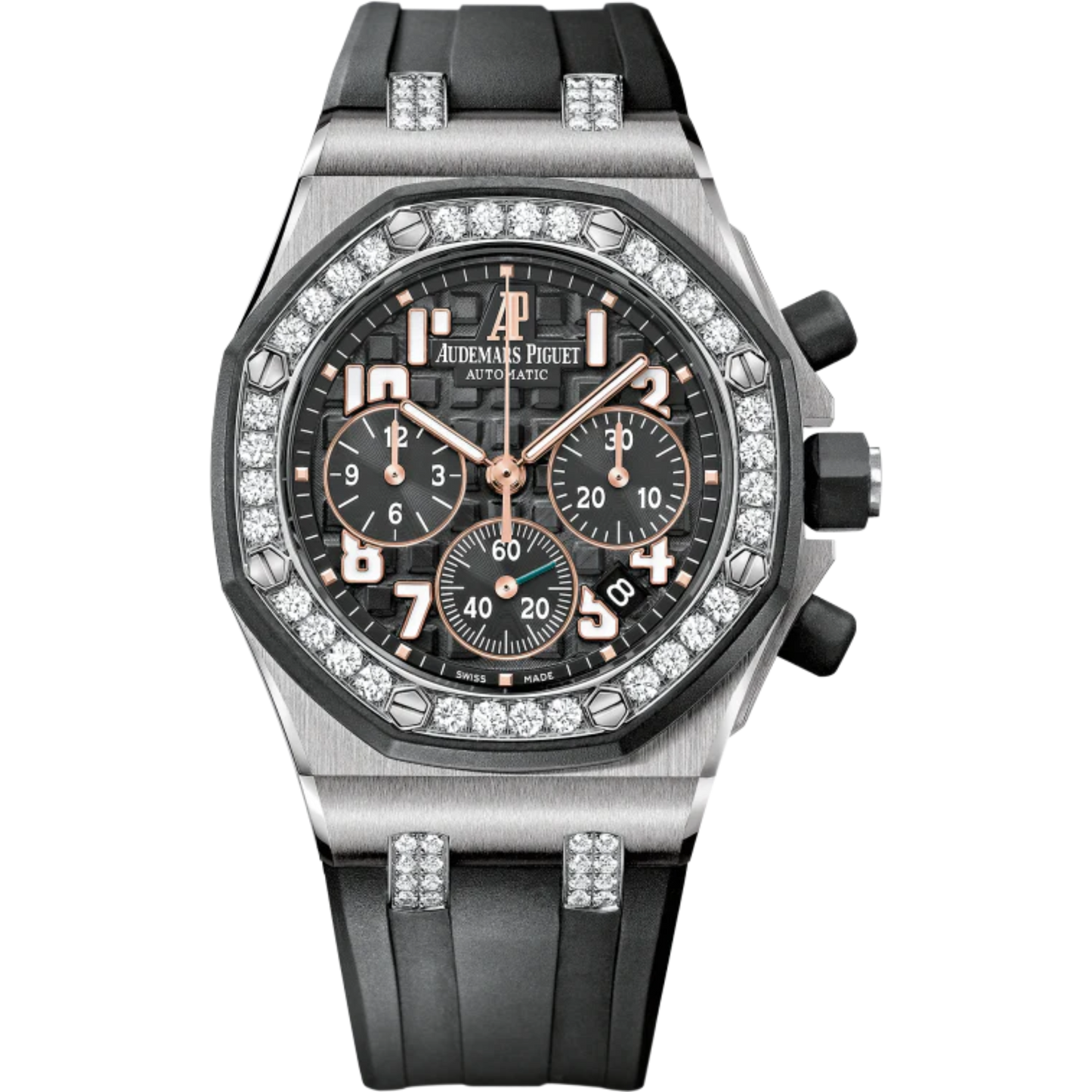 Royal Oak Offshore Ladycat Chronograph 37MM Black Rubber Strap Black Dial With Méga Tapisserie Pattern Stainless Steel Case Black Rubber-Clad Bezel Set With Diamonds