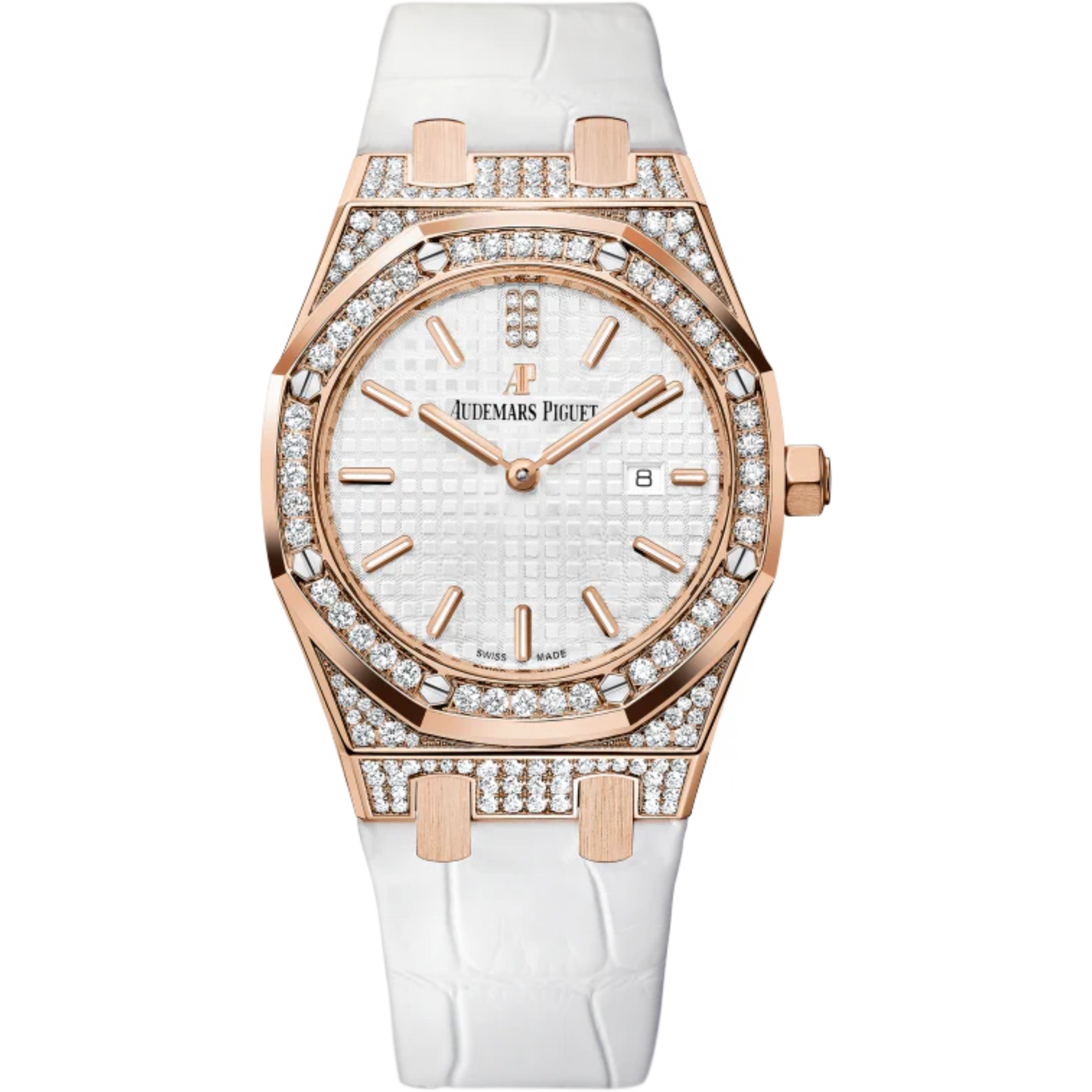 Royal Oak Quartz 33MM White Alligator Strap Silver-Toned Opaline Dial With Grande Tapisserie Pattern 18-Carat Pink Gold Case Set With Diamonds Diamond-Set Bezel