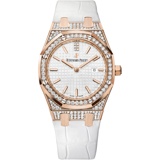 Royal Oak Quartz 33MM White Alligator Strap Silver-Toned Opaline Dial With Grande Tapisserie Pattern 18-Carat Pink Gold Case Set With Diamonds Diamond-Set Bezel