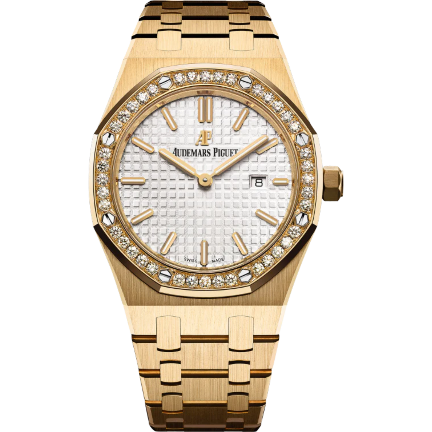 Royal Oak Quartz 33MM 18-Carat Yellow Gold Bracelet Silver-Toned or Blue Dial With Grande Tapisserie Patterns 18-Carat Yellow Gold Case Diamond-Set Bezel