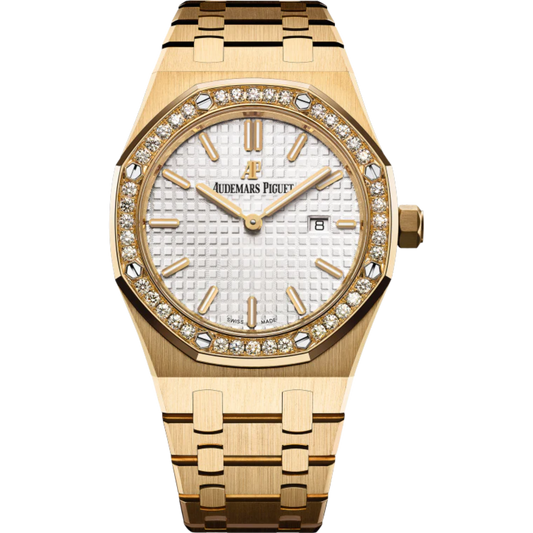 Royal Oak Quartz 33MM 18-Carat Yellow Gold Bracelet Silver-Toned or Blue Dial With Grande Tapisserie Patterns 18-Carat Yellow Gold Case Diamond-Set Bezel