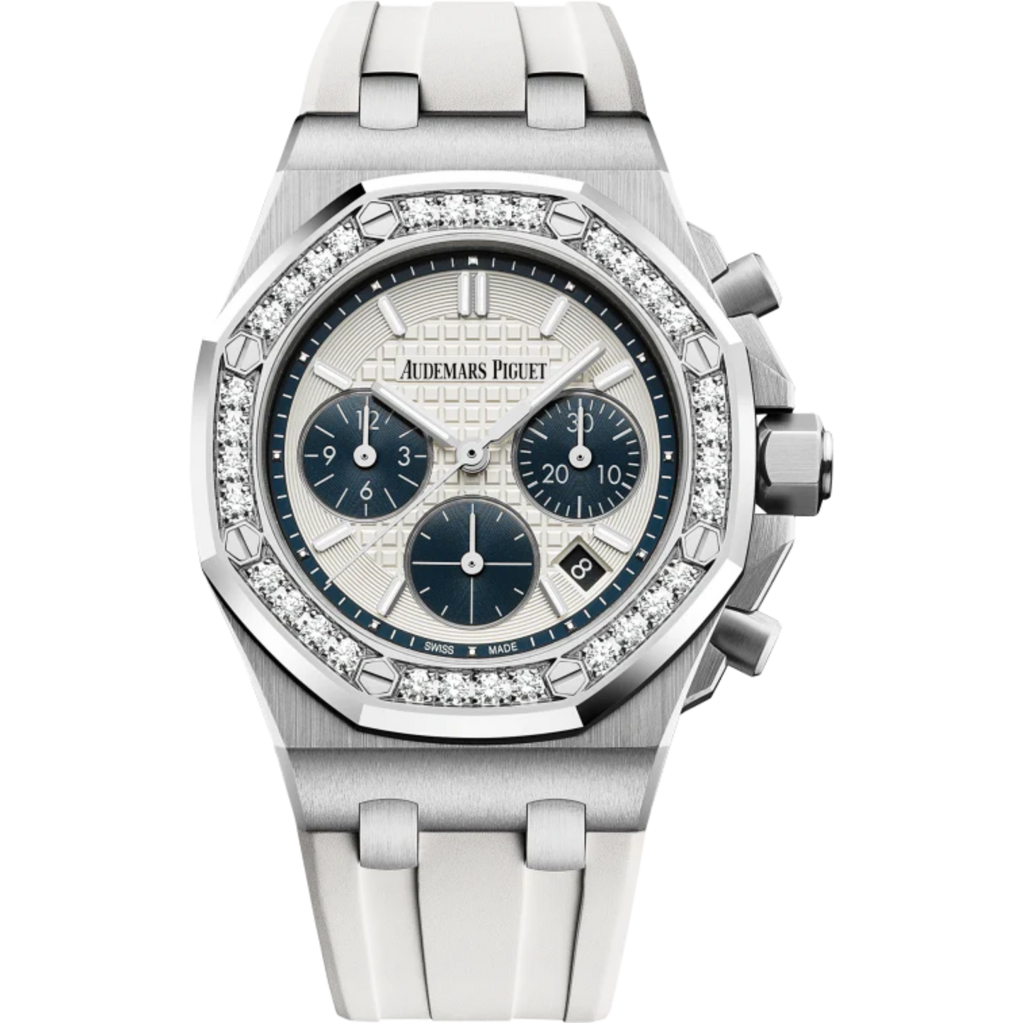 Royal Oak Offshore Selfwinding Chronograph 37MM White Rubber Strap Silver-Toned Dial With Lady Tapisserie Pattern Stainless Steel Case Diamond-Set Bezel