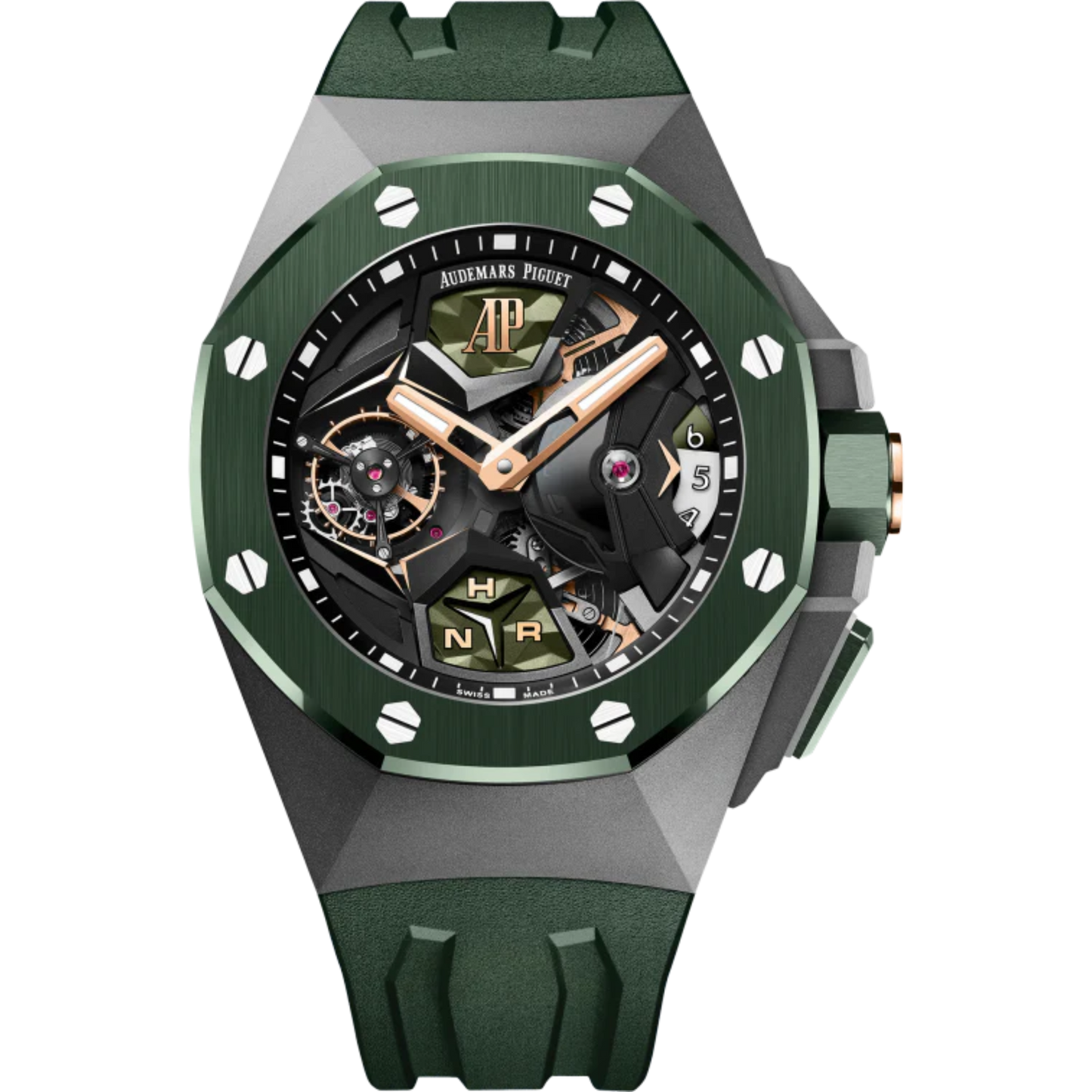Royal Oak Concept 44mm Flying Tourbillon GMT and Pink Gold Dial with Green Rubber Strap Sandblasted Titanium Case
