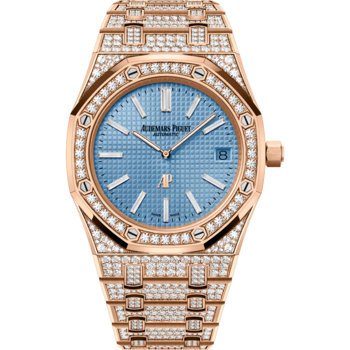 Royal Oak Jumbo Extra-Thin 39MM Diamond-Set 18-Carat Pink Gold Bracelet Light Blue Dial With Petite Tapisserie Pattern 18-Carat Pink Gold Case Set With Brillant-Cut Diamonds