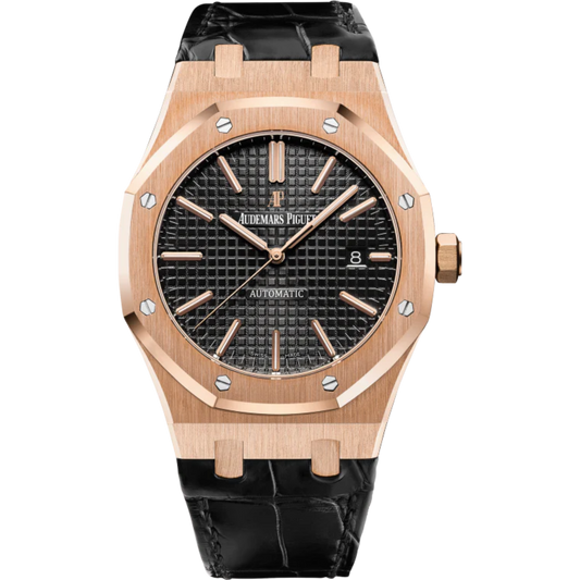 Royal Oak Selfwinding 41MM Black Alligator Strap Black Dial With Grande Tapisserie Pattern 18-Carat Pink Gold Case
