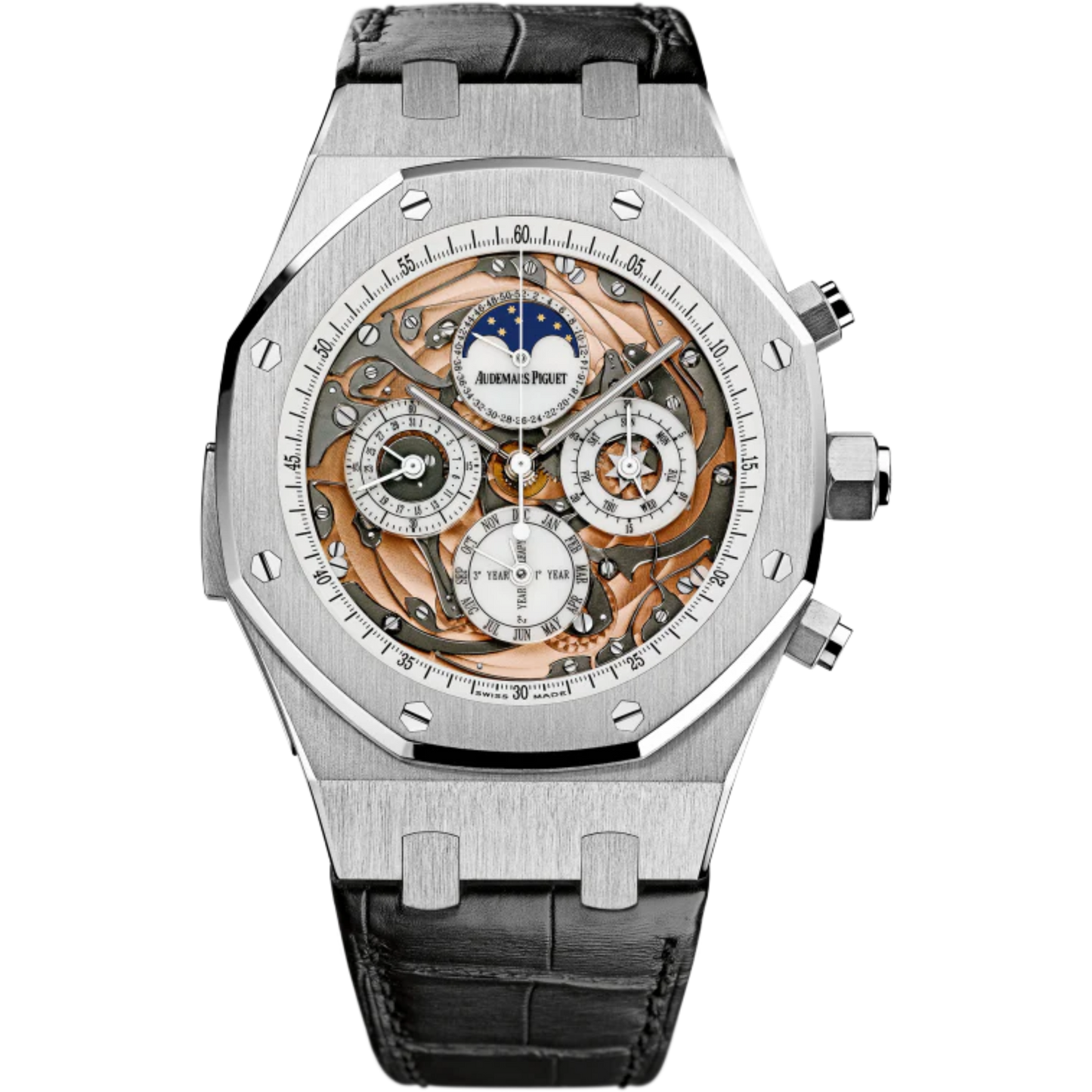 Royal Oak Grande Complication 44MM Black Crocodile Strap Sapphire Dial 18-Carat White Gold Case