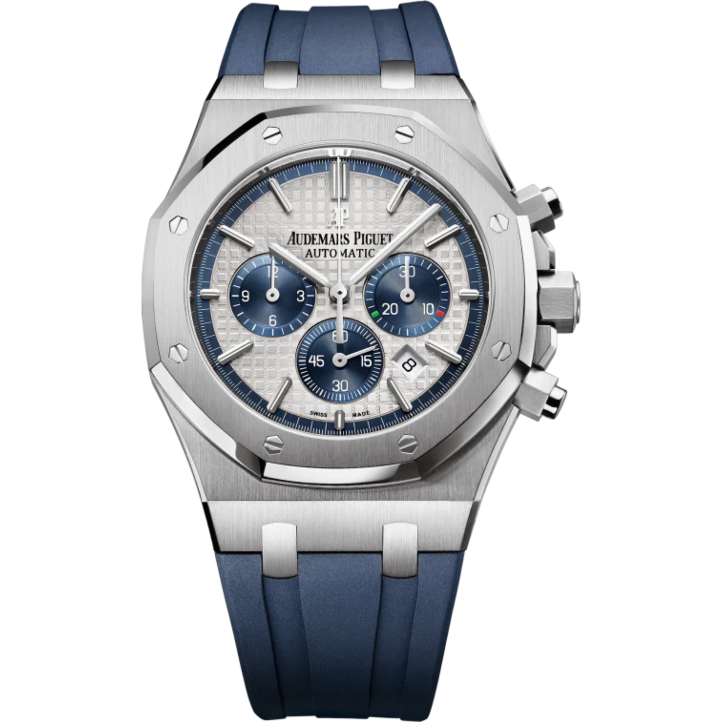 Royal Oak Chronograph 41MM Blue Rubber Strap Silver-Toned Dial With Grande Tapisserie Pattern Stainless Steel Case