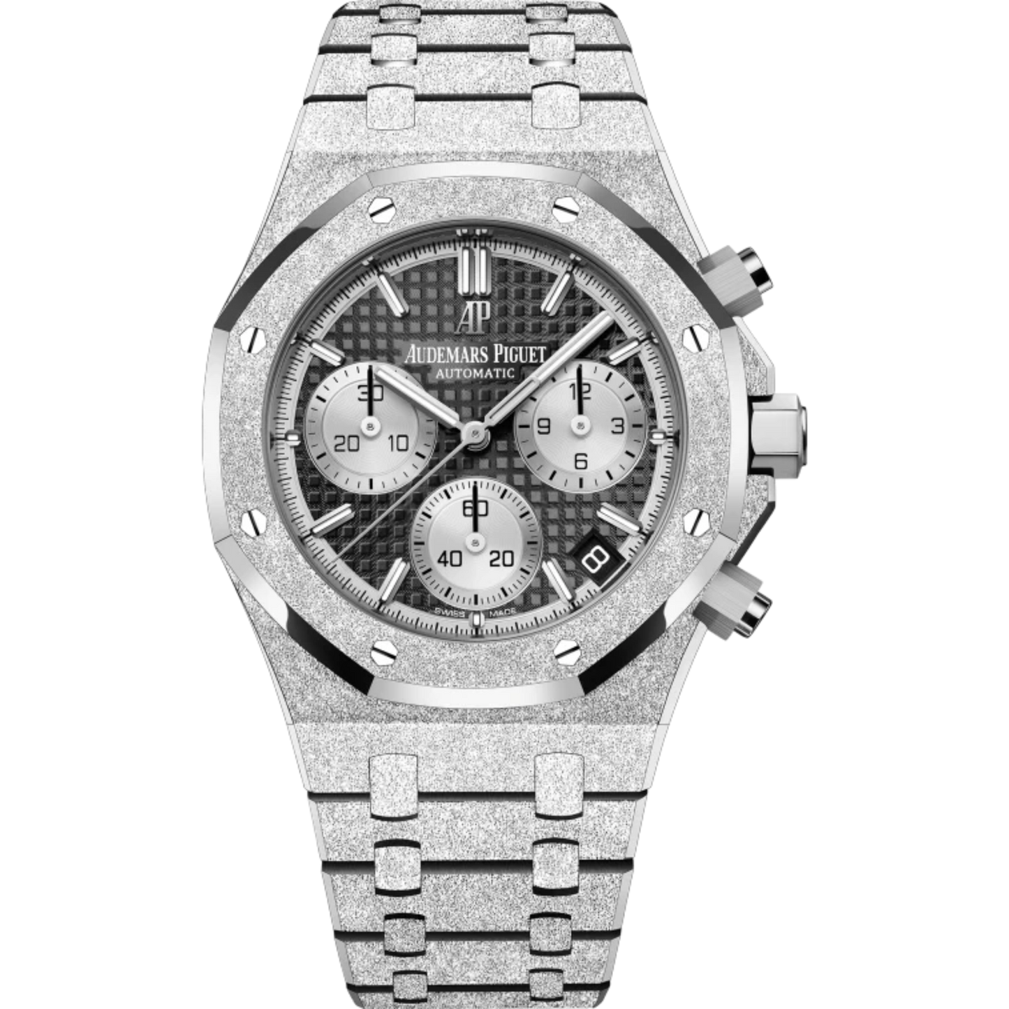 Royal Oak Frosted Gold Selfwinding Chronograph 41MM Hammered 18-Carat White Gold Bracelet Black Dial With Grande Tapisserie Pattern Hammered 18-Carat White Gold Case