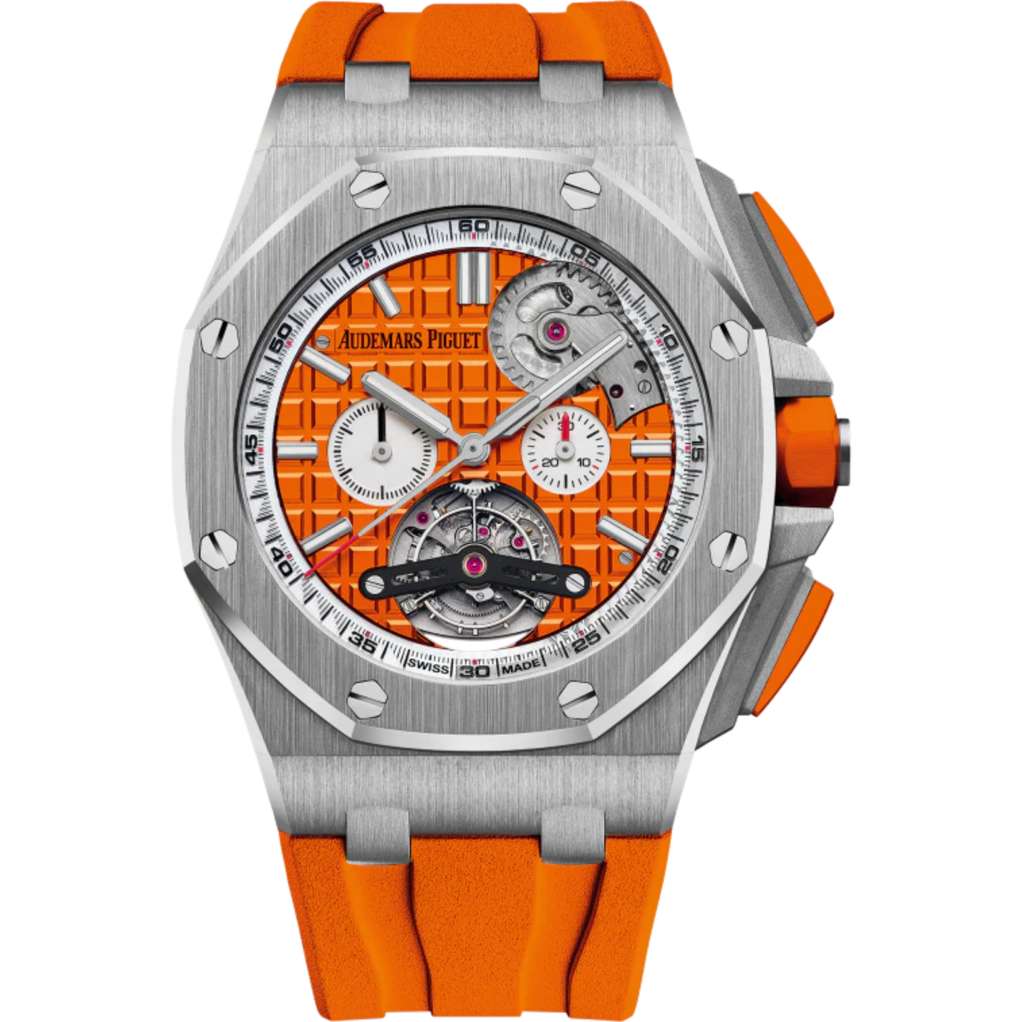 Royal Oak Offshore Tourbillon Chronograph Selfwinding 44MM Orange Rubber Strap Orange Dial With Méga Tapisserie Pattern Stainless Steel Case
