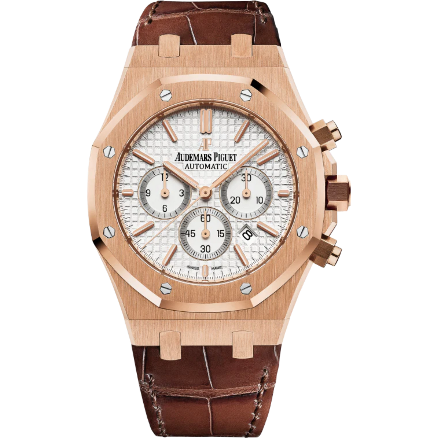 Royal Oak Chronograph 41MM Brown Alligator Strap Silver-Toned Dial With Grande Tapisserie Pattern 18-Carat Pink Gold Case