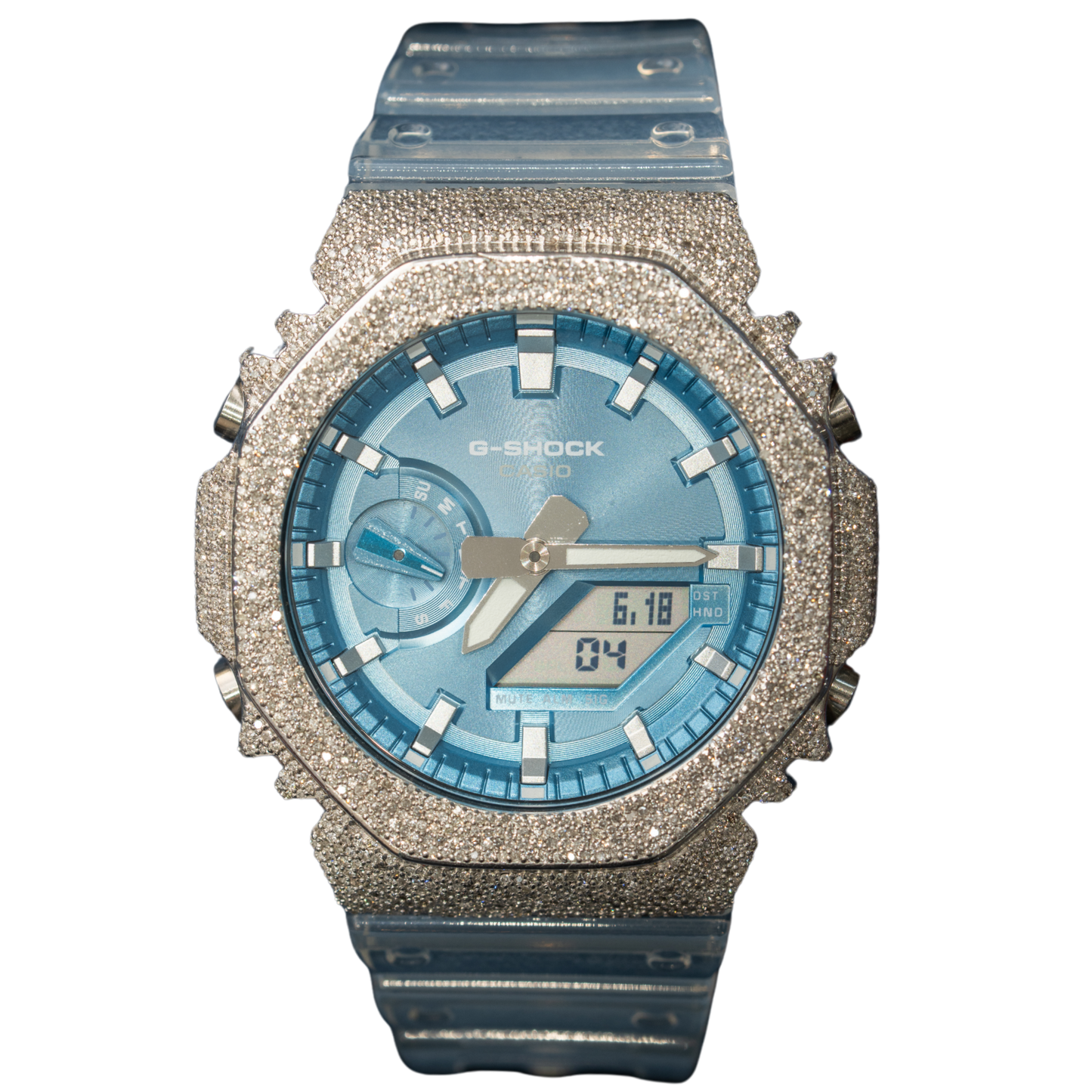 Iced out G Shock Analog White gold with Ice Blue Dial