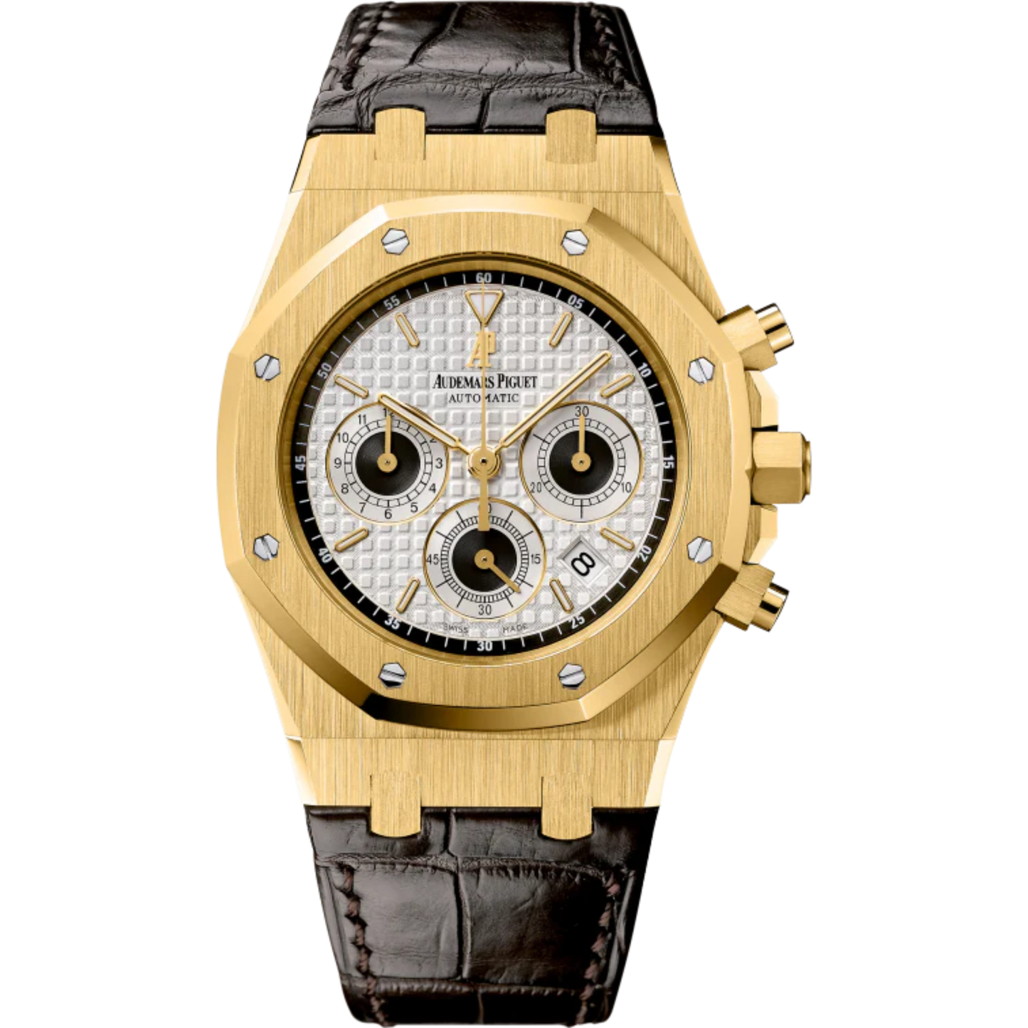 Royal Oak Chronograph 39MM Black Crocodile Strap Silver Dial With Grande Tapisserie Pattern 18-Carat Yellow Gold Case