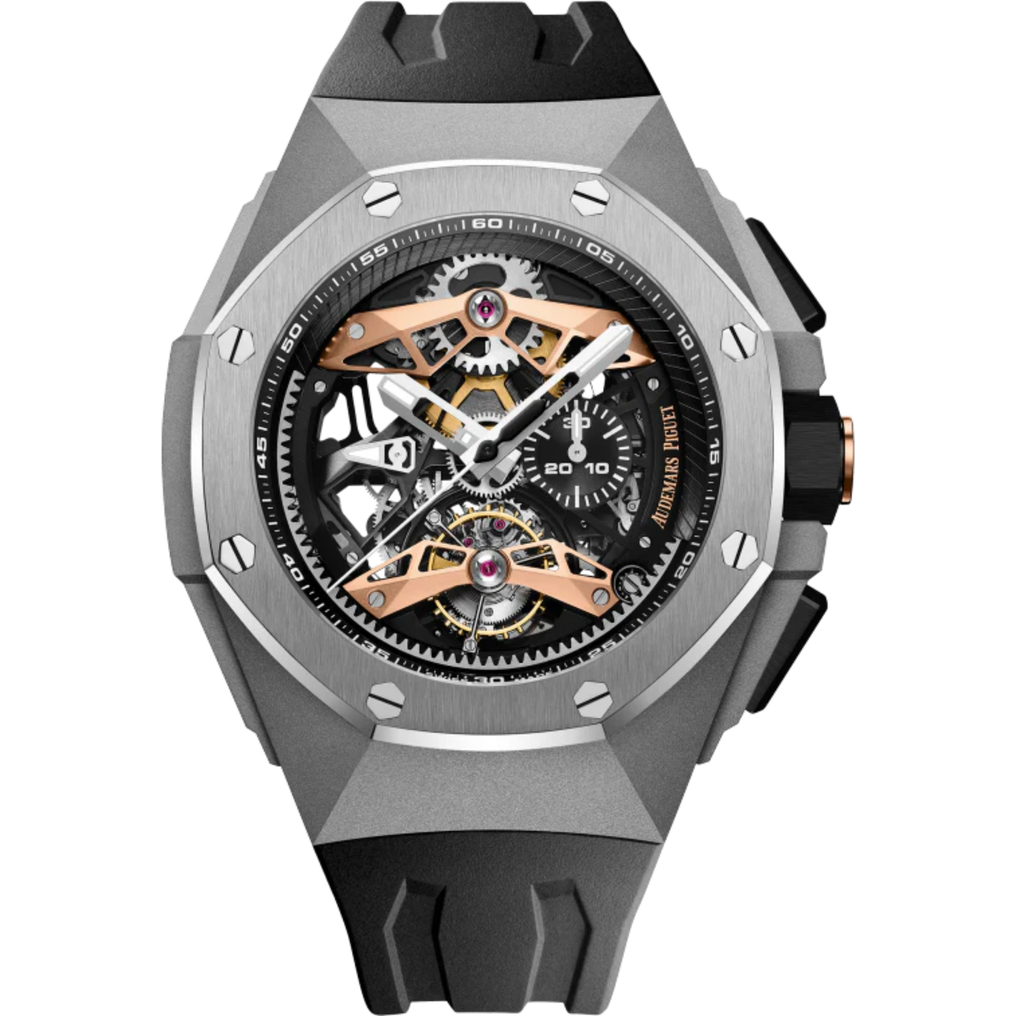 Royal Oak Concept 44MM Selfwinding Tourbillon Chronograph Openworked Black Rubber Strap Black and Pink Gold Dial Sandblasted Titanium Case and Satin-Brushed Titanium Bezel