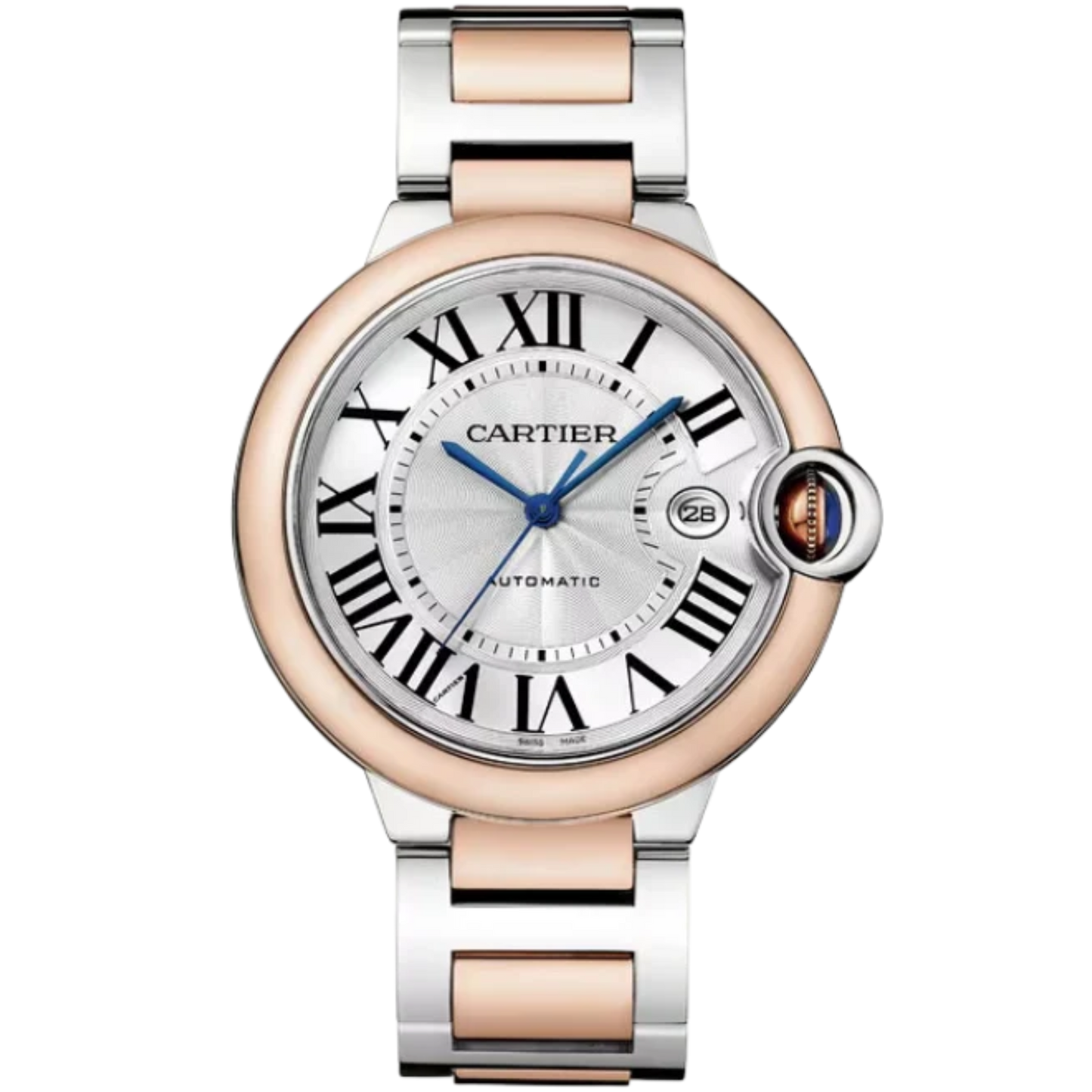 BALLON BLEU DE CARTIER 42 MM STAINLESS STEEL, 18K ROSE GOLD BEZEL WITH SILVER GUILLOCHE DIAL