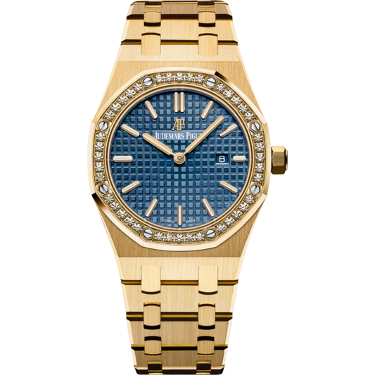 Royal Oak Quartz 33MM 18-Carat Yellow Gold Bracelet Silver-Toned or Blue Dial With Grande Tapisserie Pattern 18-Carat Yellow Gold Case Diamond-Set Bezel