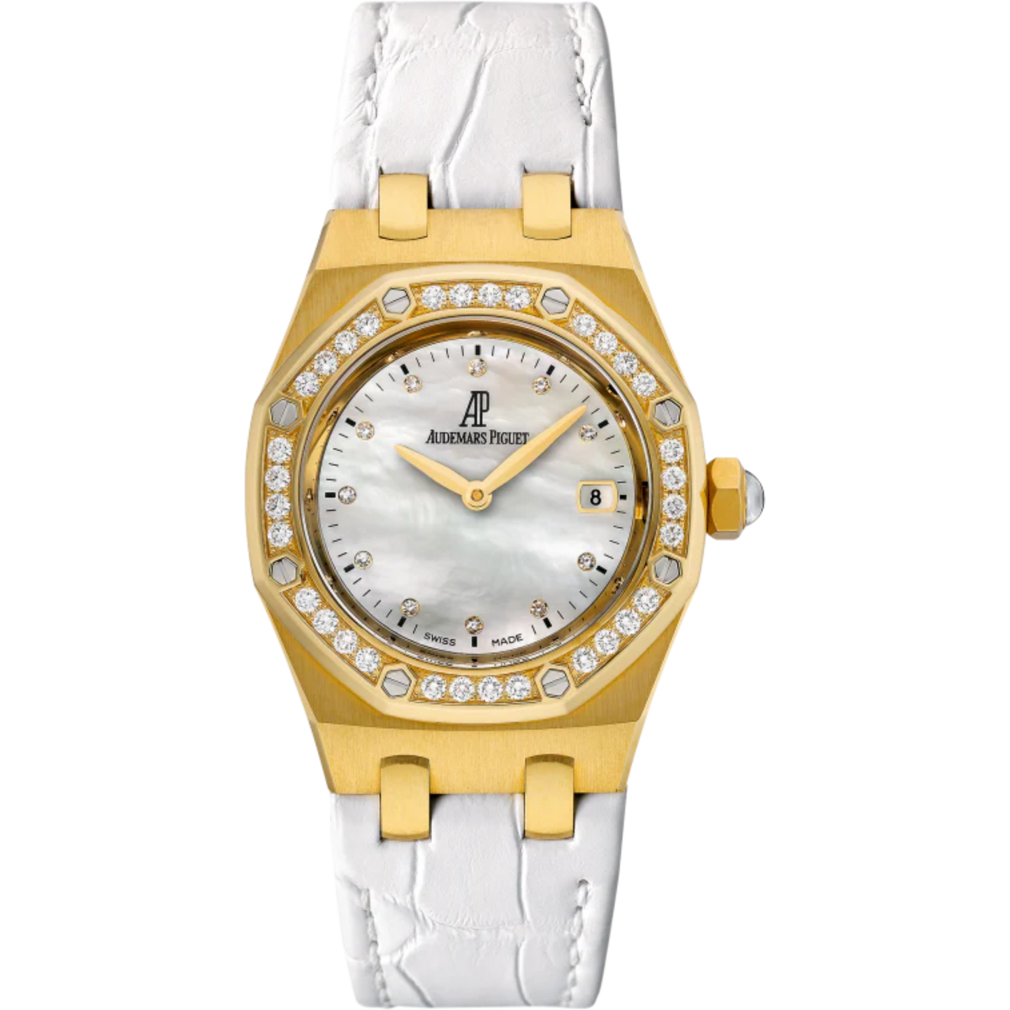 Royal Oak Quartz 33MM White Alligator Strap White Mother-Of-Pearl Dial 18-Carat Yellow Gold Case Bezel Set With Brilliant-Cut Diamonds
