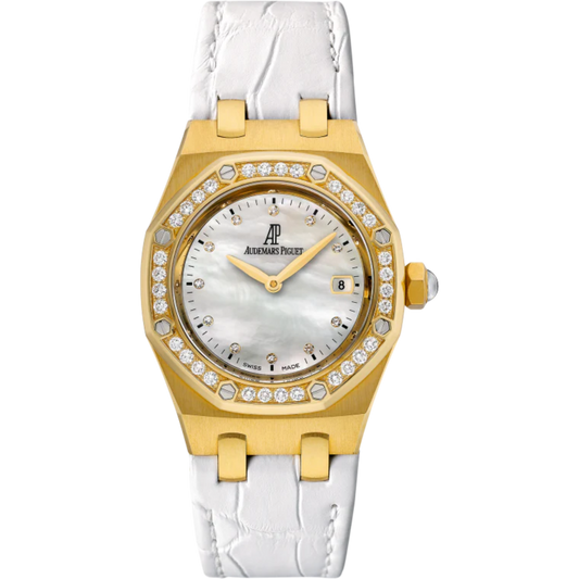Royal Oak Quartz 33MM White Alligator Strap White Mother-Of-Pearl Dial 18-Carat Yellow Gold Case Bezel Set With Brilliant-Cut Diamonds