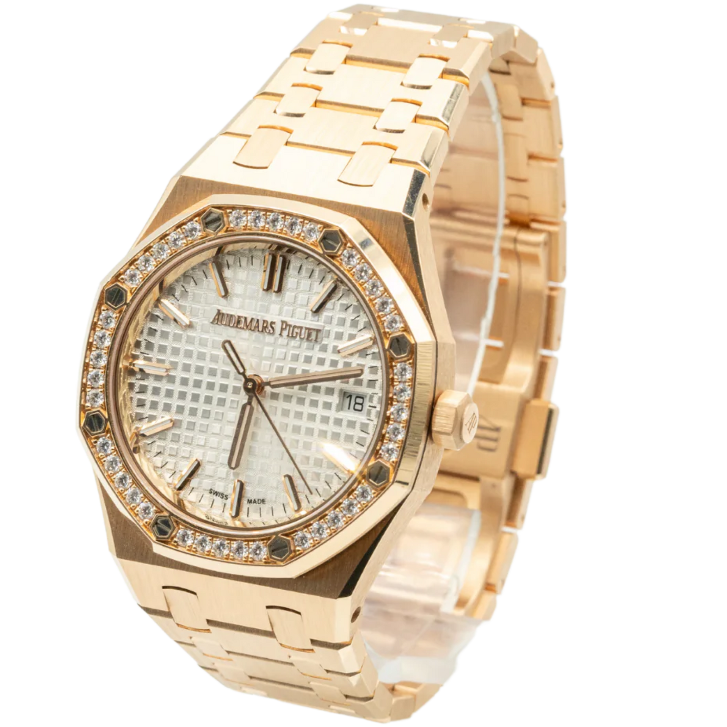 Royal Oak Selfwinding 50th Anniversary 34MM 18-Carat Pink Gold Bracelet Silver-Toned Dial With Grande Tapisserie Pattern 18-Carat Pink Gold Case Bezel Set With Brilliant-Cut Diamonds