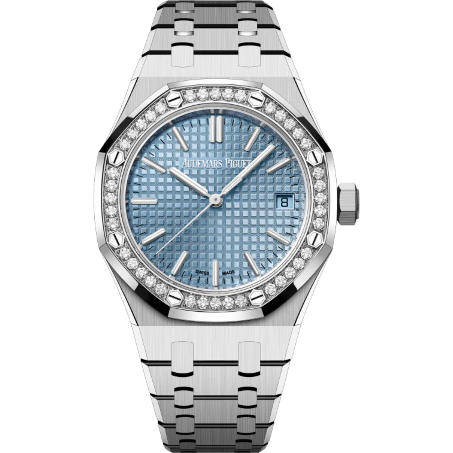 Royal Oak Selfwinding 50th Anniversary 37MM Stainless Steel Bracelet Light Blue Dial With Grande Tapisserie Pattern Stainless Steel Case Bezel Set With Brilliant-Cut Diamonds
