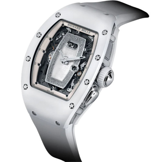 RM 037 Ladies’ White Ceramic Rubber Strap Mother-Of-Pearl Dial Encrusted With a Myriad of Diamonds White Gold Case