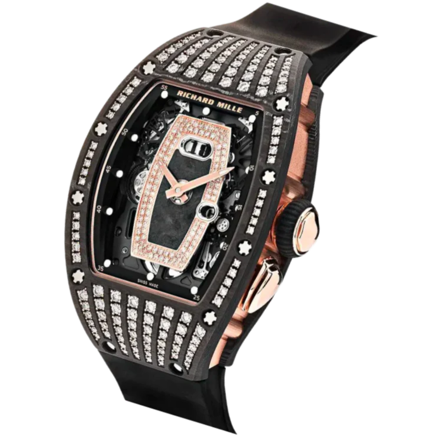 RM 037 Ladies’ Rose Gold Carbon Tpt Diamond Set Black Rubber Strap Skeletal Dial  Rose Gold Case Diamond Set Bezel