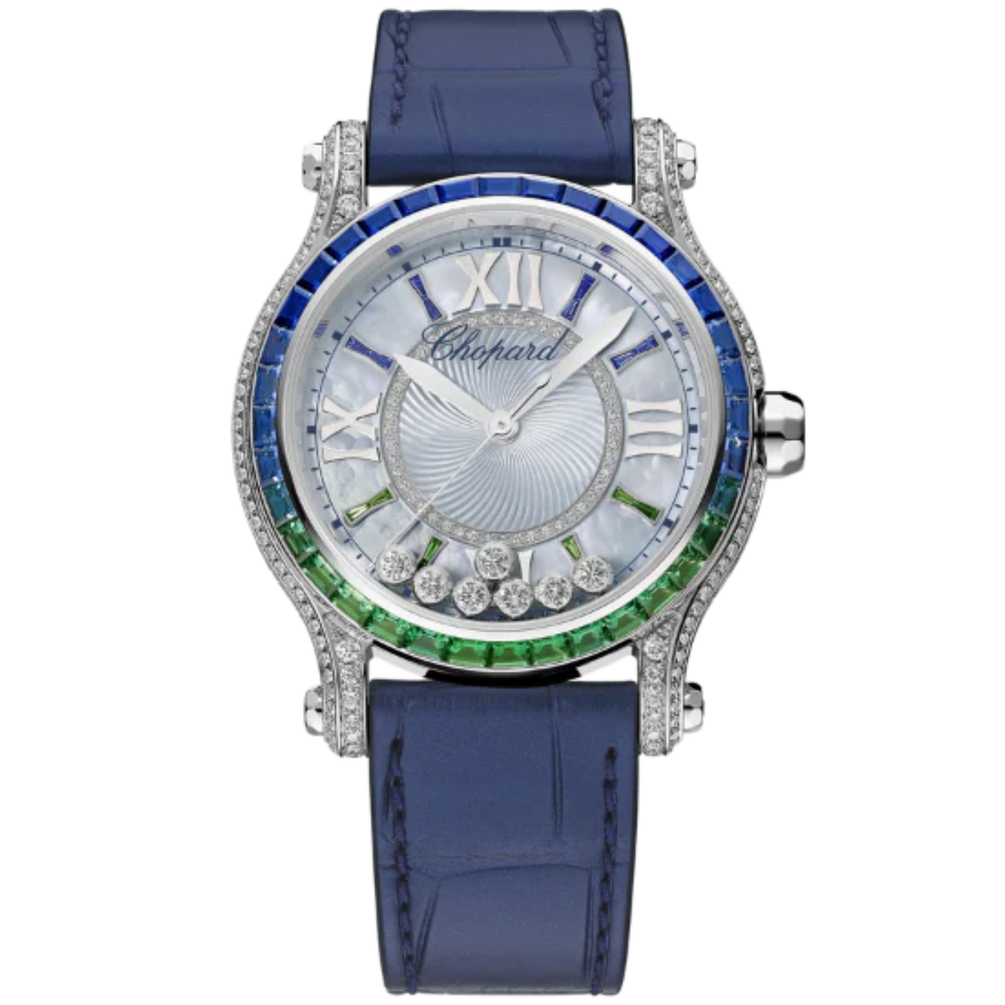 HAPPY SPORT LAGUNA VERDE 36 MM ETHICAL WHITE GOLD - DIAMONDS - EMERALDS - SAPPHIRES WITH MOTHER OF PEARL DIAL
