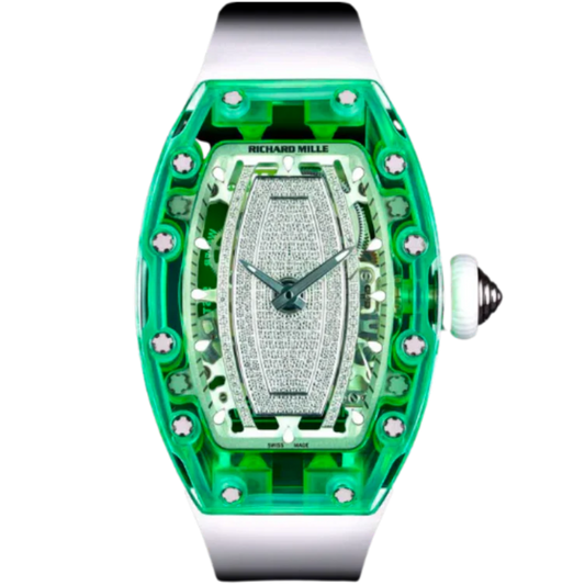 RM 07-02 Green Sapphire White Rubber Strap Green Mother-Of-Pearl Jasper or Pave Stones Dial Green Sapphire Case