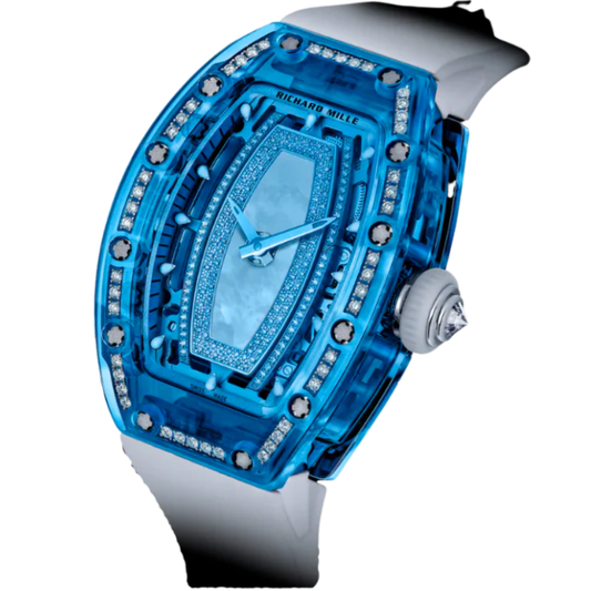 RM 07-02 Blue Sapphire White Rubber Strap Blue Mother-Of-Pearl Jasper or Pave Stones Dial Blue Sapphire Case