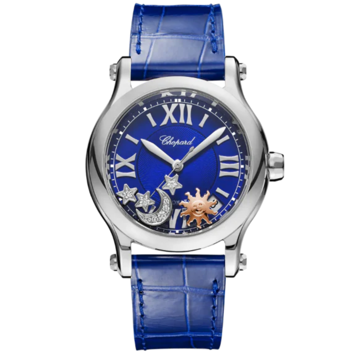 HAPPY SPORT SUN, MOON AND STARS 36 MM LUCENT STEEL™ WITH BLUE DIAL