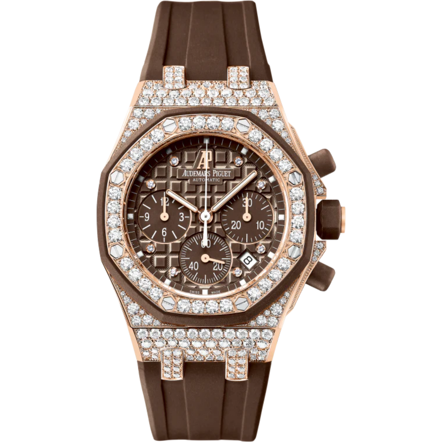 Royal Oak Offshore Chronograph 37MM Brown Rubber Strap Brown Dial With Méga Tapisserie Pattern 18-Carat Pink Gold Case Entirely Set With Diamonds
